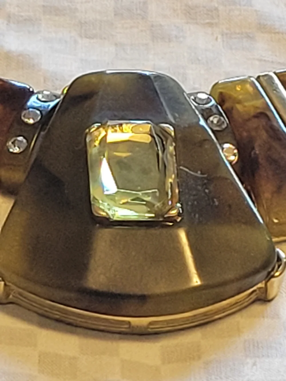 Faux Tortoise Shell Bib Statement Necklace w 3 Gold Tone Stone & Inticate Panels - Picture 2 of 9